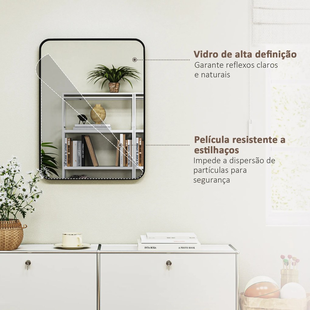 Espelho Casa de Banho 60x80 cm Espelho de Parede com Estrutura de Metal Vertical e Horizontal para Entrada Preto