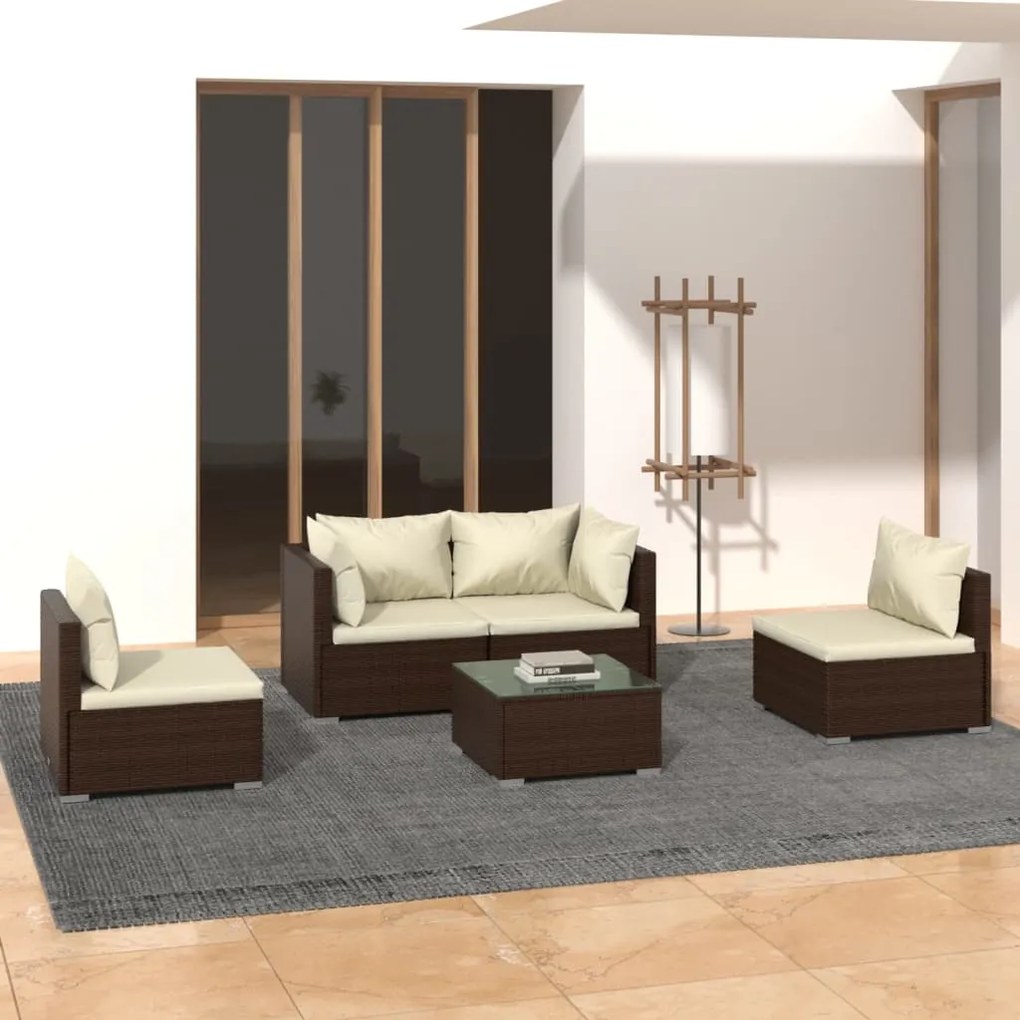 vidaXL 5 pcs conjunto lounge jardim c/ almofadões vime PE castanho