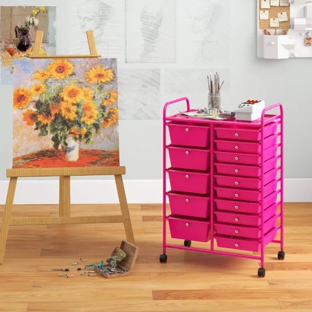 Carrinho multiusos com gavetas amovíveis e rodas com fecho Organizador de acessórios 63 x 37 x 87cm Rosa Escuro