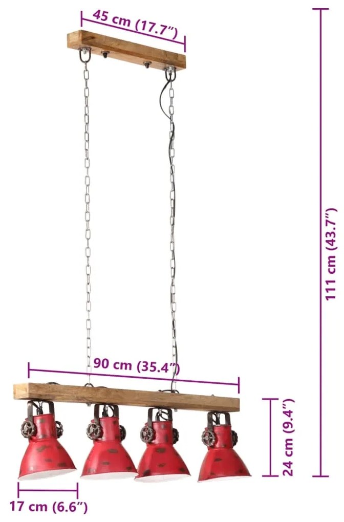 Candeeiro de teto 25 W 90x24x111 cm E27 vermelho desgastado