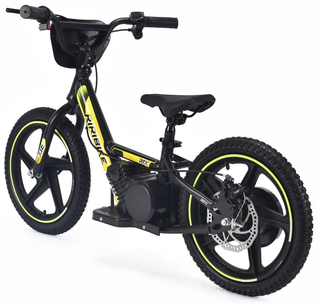 Bicicleta eléctrica para crianças RIRIBIKE RTX6 24V (16") bateria de lítio, motor de 250 watts, travão de disco, assento ajustável em PU macio Amarela