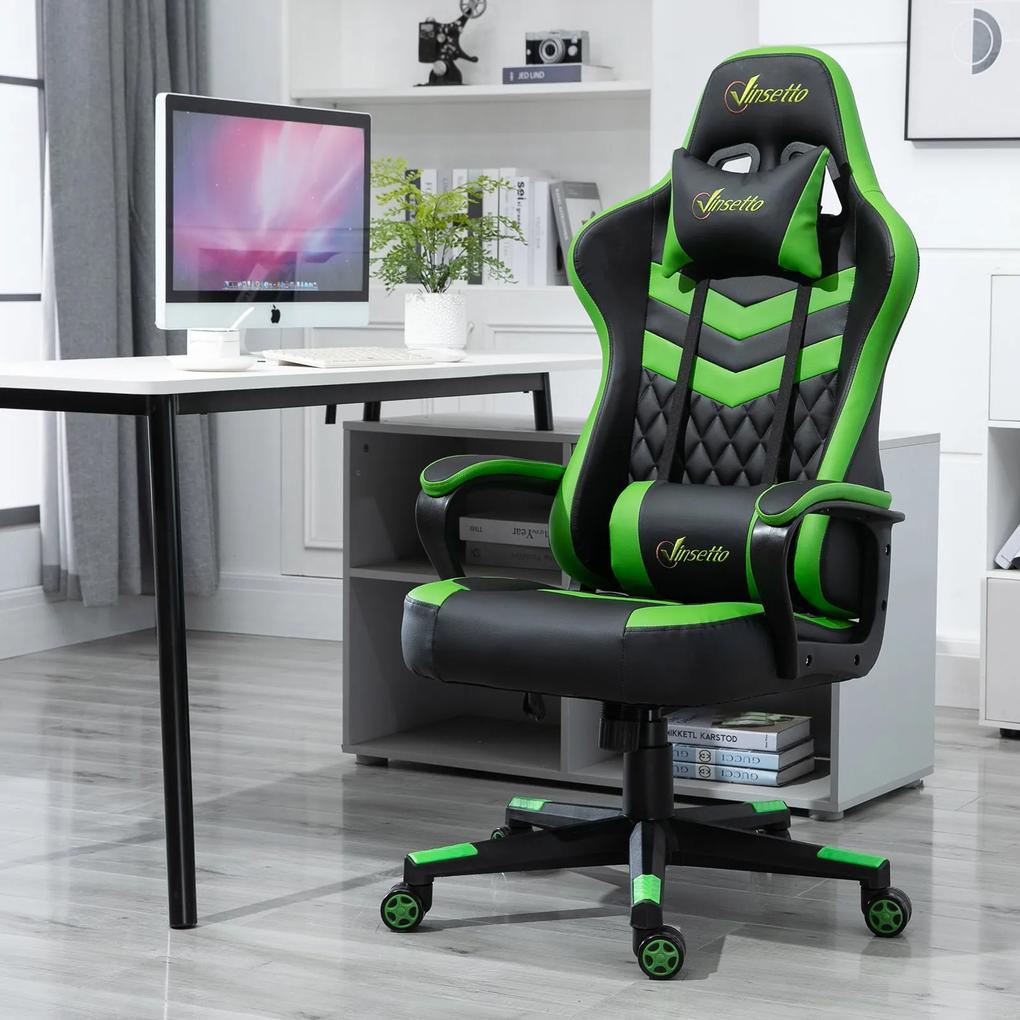 Vinsetto Cadeira ergonômica gaming de escritório Altura ajustável Reclinável giratório verde