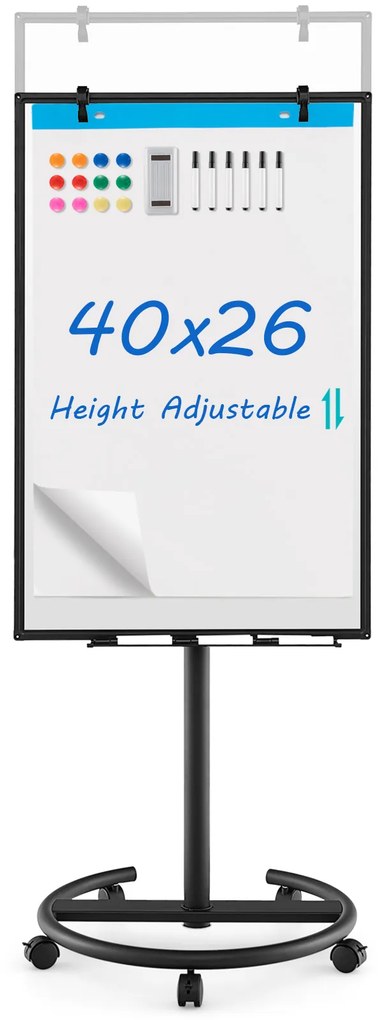 Quadro branco magnético com rodas e altura ajustável de 100 cm x 65 cm - Branco