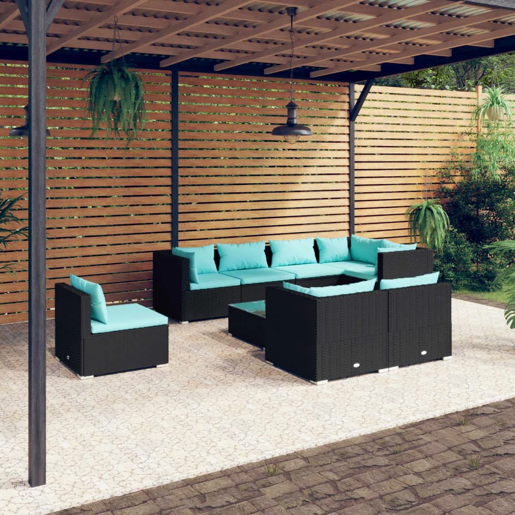 vidaXL 9 pcs conjunto lounge de jardim c/ almofadões vime PE preto