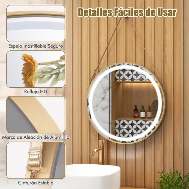 Espelho de parede casa de banho 60 x 60 cm com fita para pendurar Luz LED de 3 cores Função de memória