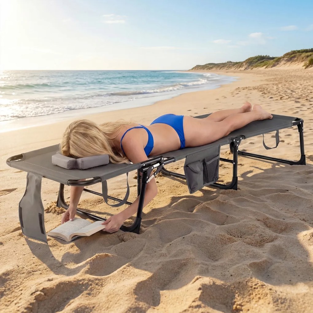 Espreguiçadeira dobrável para exterior, reclinável, com orifícios, apoio para o rosto, braços e encosto ajustável, bolsos, portátil, para praia e pisc