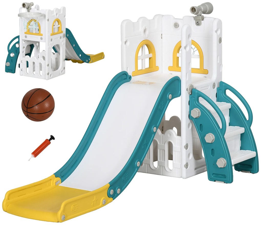 Escorrega Infantil 4 em 1 para Crianças com Cesto de Basquetebol Telescópio Escalador e Espaço de Arrumação 70x177x92 cm Amarelo e Verde
