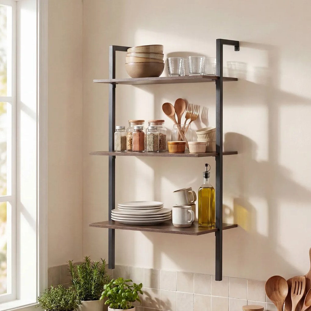 Estante flutuante 53,5 x 29,5 x 96 cm de 3 níveis em forma de escada, com estrutura preta e painéis industriais, para casa de banho, cozinha ou sala d