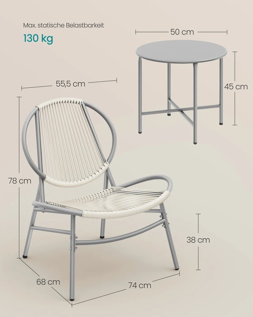 Conjunto de jardim com mesa e 2 cadeiras, em Polyrattan PE, cinzento