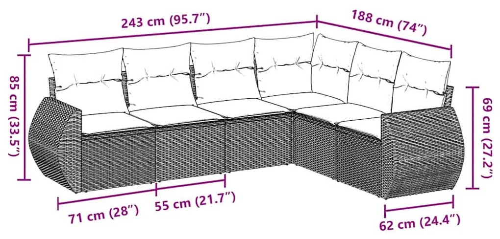 6 pcs conj. sofás jardim com almofadões vime PE cinzento-claro