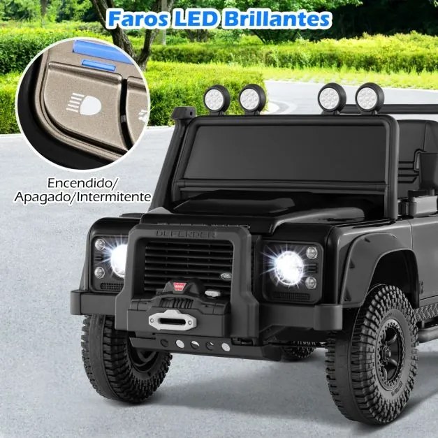 Jipe Land Rover Defender elétrico infantil 12V com comando à distância, suspensão completa, faróis e música para idades entre 3 e 8 anos, Preto