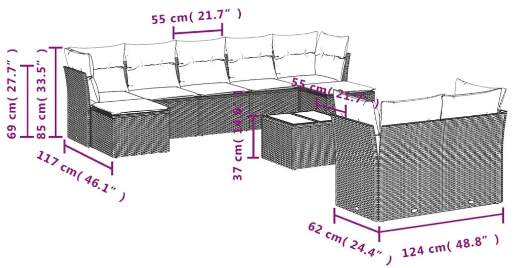 10 pcs conjunto de sofás p/ jardim com almofadões vime PE bege