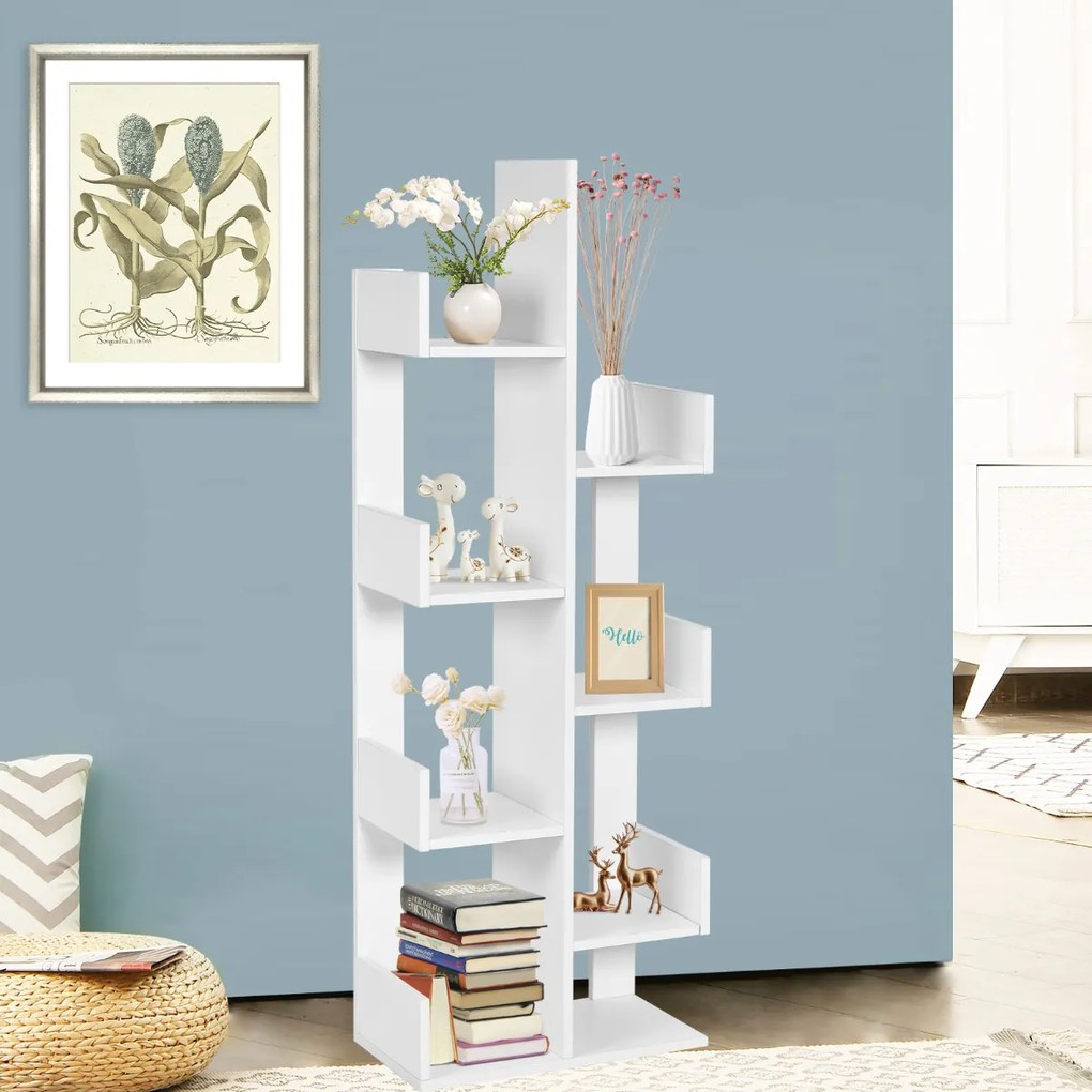 Estante Sala em formato árvore com 8 prateleiras, dispositivo anti-queda, organizador para sala, quarto, 50 x 25 x 145 cm Branco