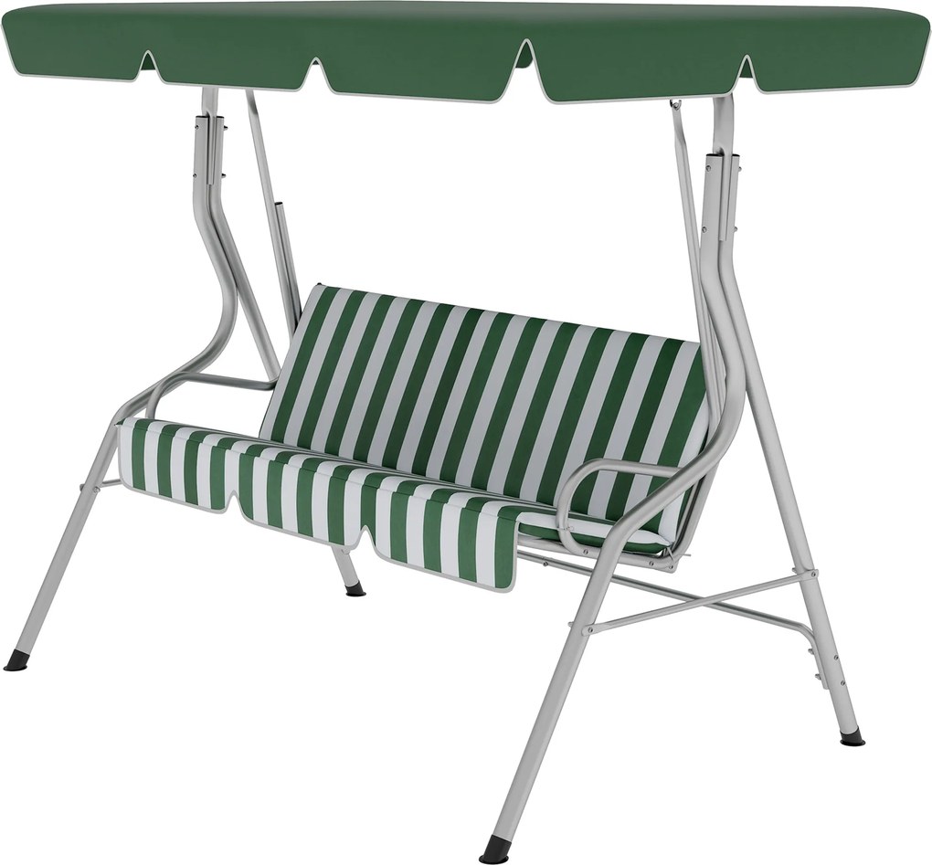 Baloiço de jardim de 3 lugares 170 C x 110 L x 153 A cm, baloiço de exterior com teto e inclinação ajustável, padrão às riscas, verde
