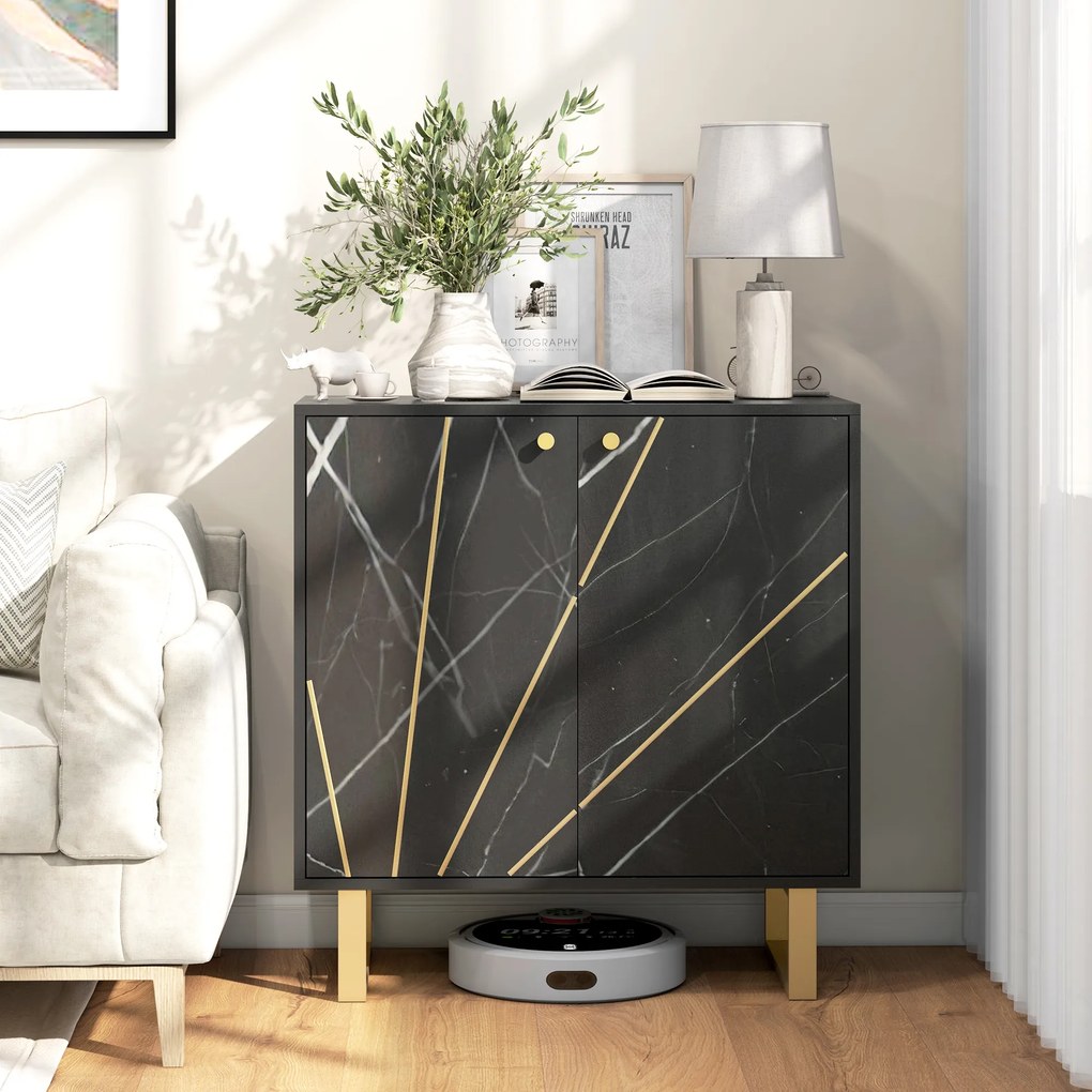 Aparador com 2 portas e prateleira ajustável, pés em metal, 76 x 35 x 77 cm, tom de mármore preto