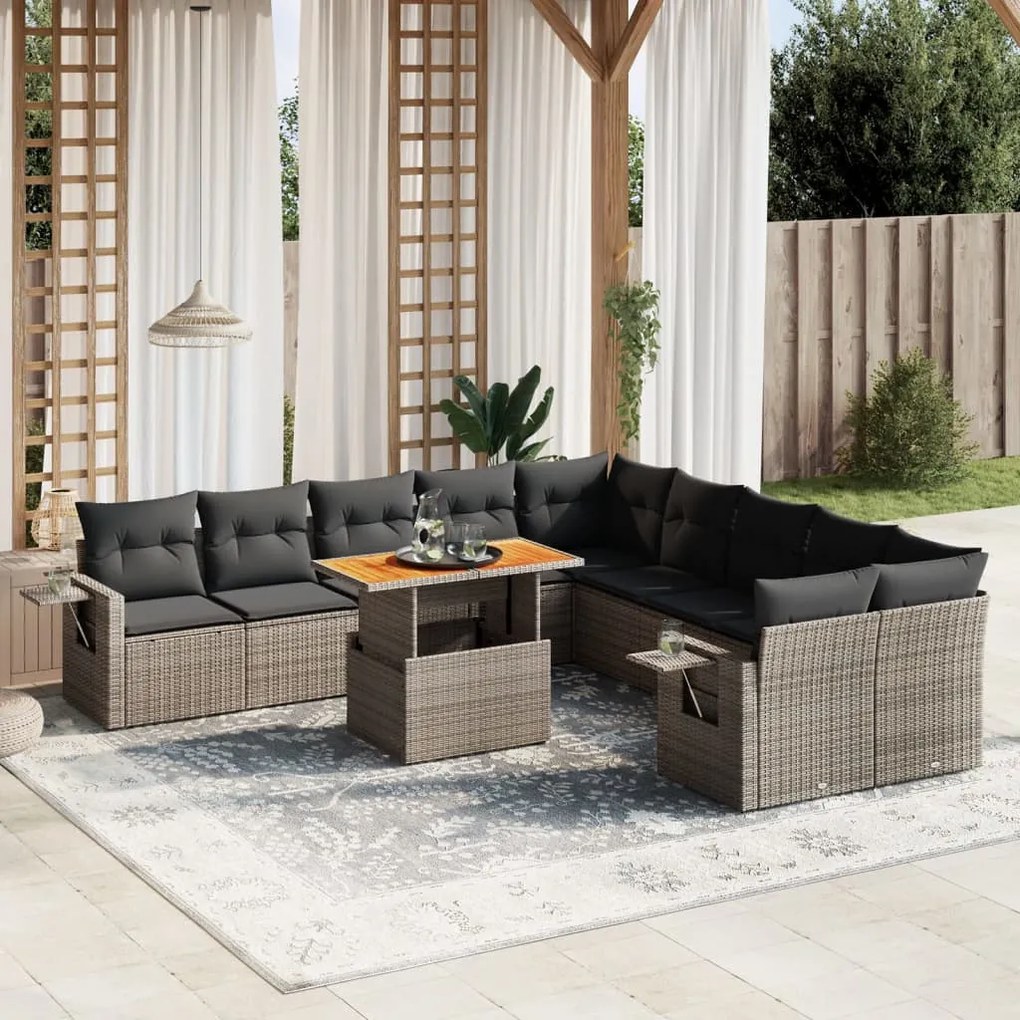 11 pcs conjunto sofás de jardim c/ almofadões vime PE cinzento