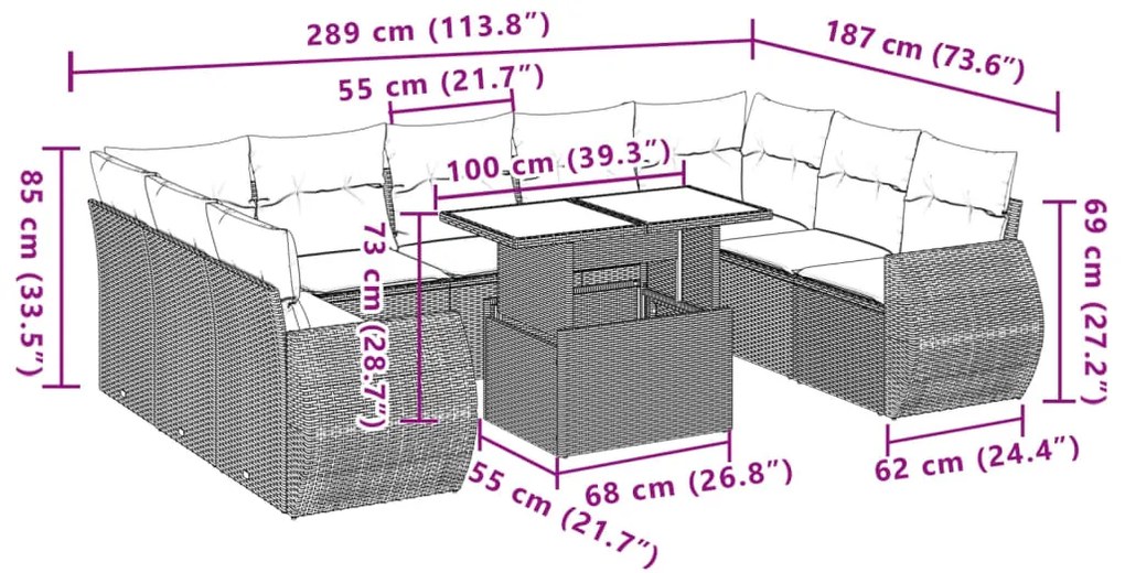 10 pcs conjunto de sofás p/ jardim com almofadões vime PE bege