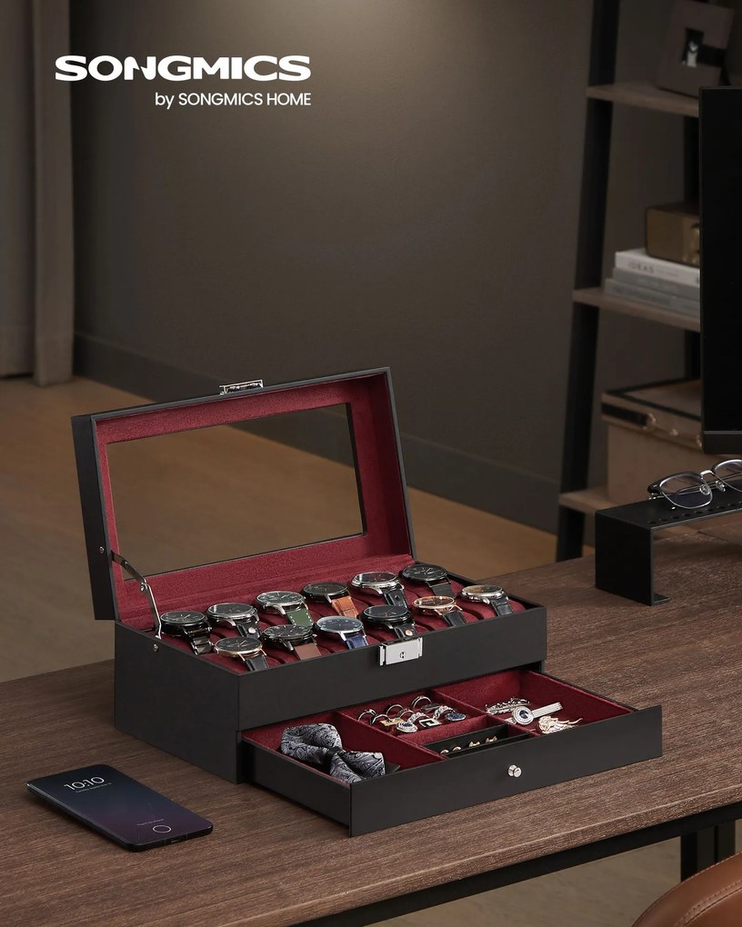 Caixa para relógios com 12 compartimentos e tampa de vidro 18,5 x 32,5 x 13,5 cm, forro interior em vermelho vinho, preta