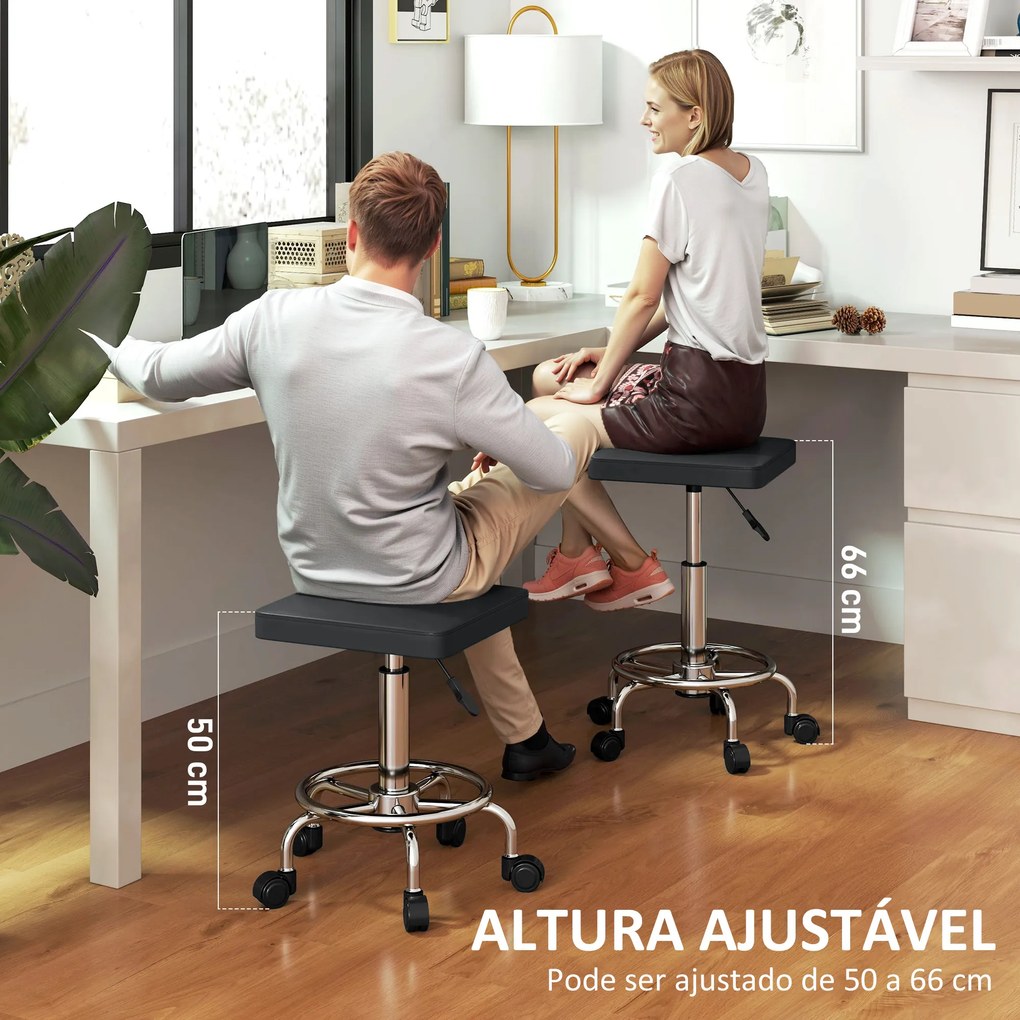 Banco Giratório com Rodas Altura Regulável 50-66 cm Assento Estofado em Imitação de Couro 34x34x50-66 cm Preto