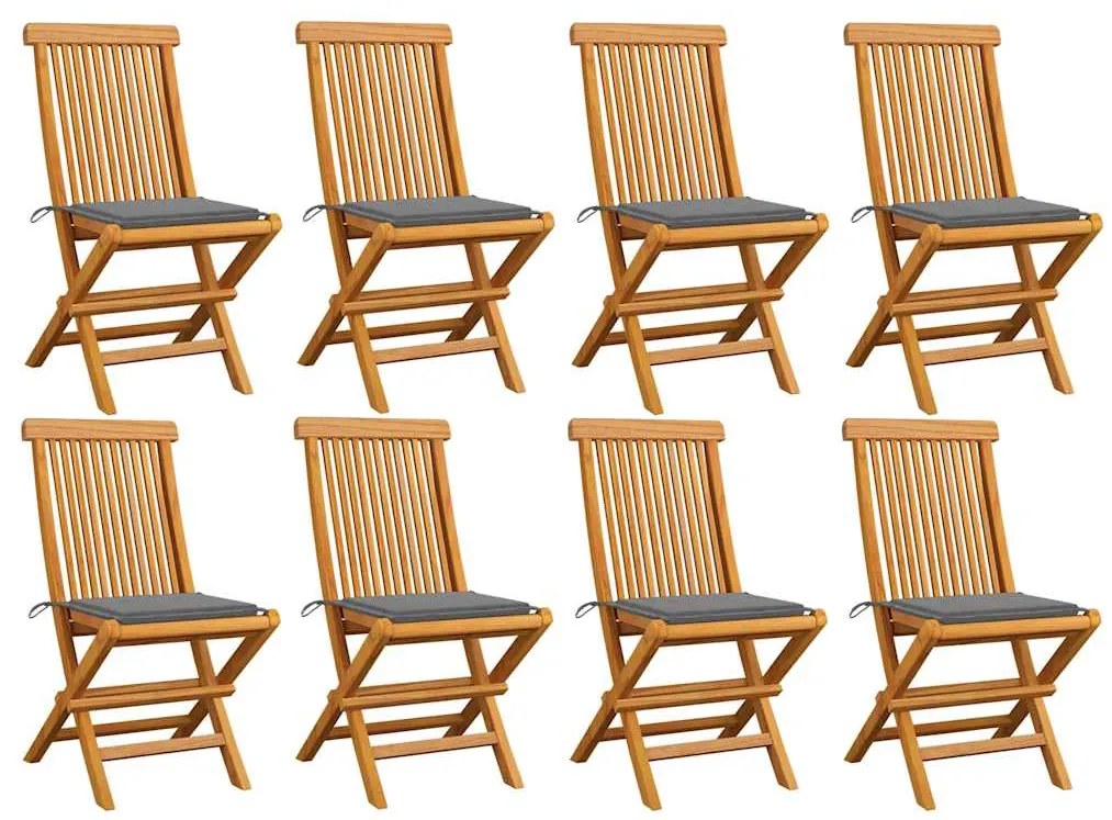 Cadeiras de jardim c/ almofadões cinzentos 8 pcs teca maciça