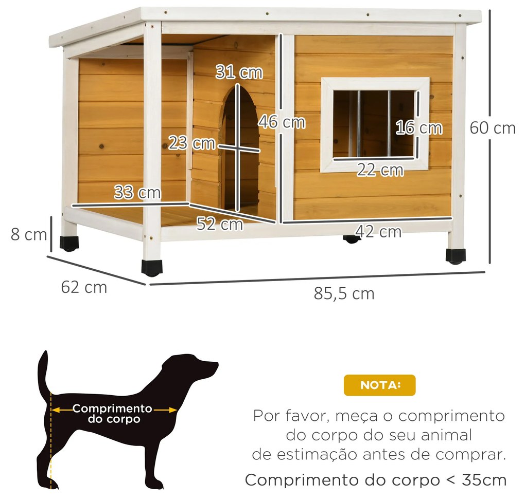 Casa para Cães de Madeira 85,5x62x60cm Casa para Animais de Estimação Casa para Cães com Teto Asfáltico Impermeável e Janela para Interior e Exterior