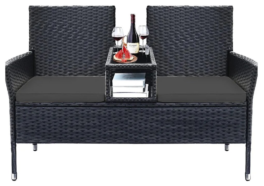 Sofá de jardim, varanda com mesa em poliratãn PE 65 x 131 x 84 cm preto-cinzento escuro