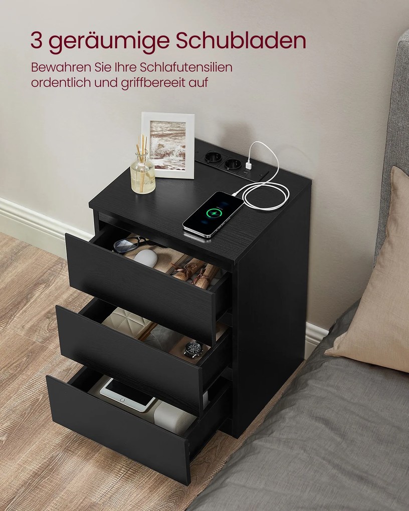 Mesa de cabeçeira com 2 tomadass e 2 portas USB e 3 gavetas moderna 35 x 40 x 59 cm preto