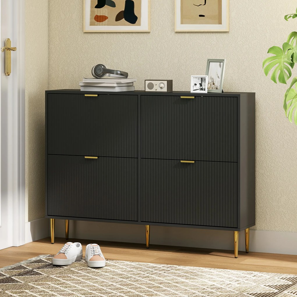 Sapateira com capacidade para 20 pares 105 x 24 x 91,5 cm, com 4 gavetas rebatíveis, portas caneladas e prateleiras ajustáveis, preto