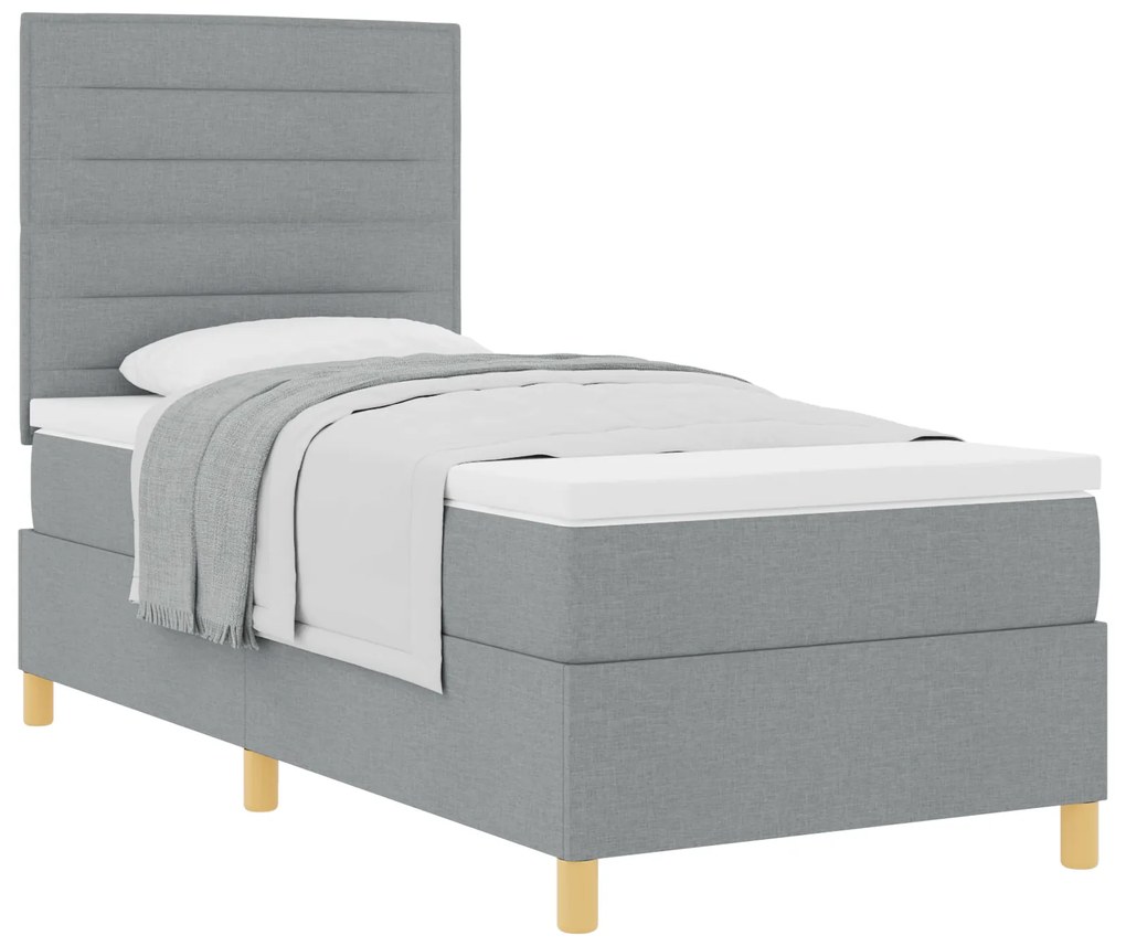 Cama Box Spring com Colchão Cinza Claro de Tecido de Solteiro