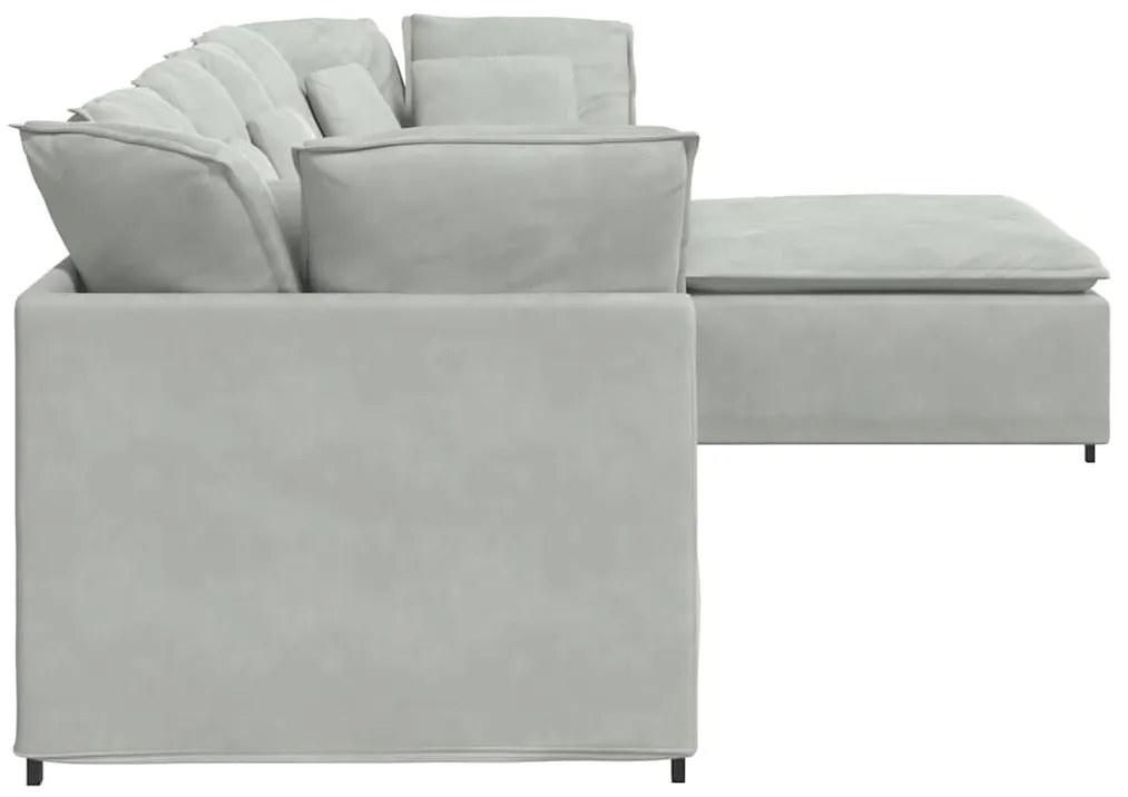 Sofá modular com pufes e almofadas veludo cinzento-claro