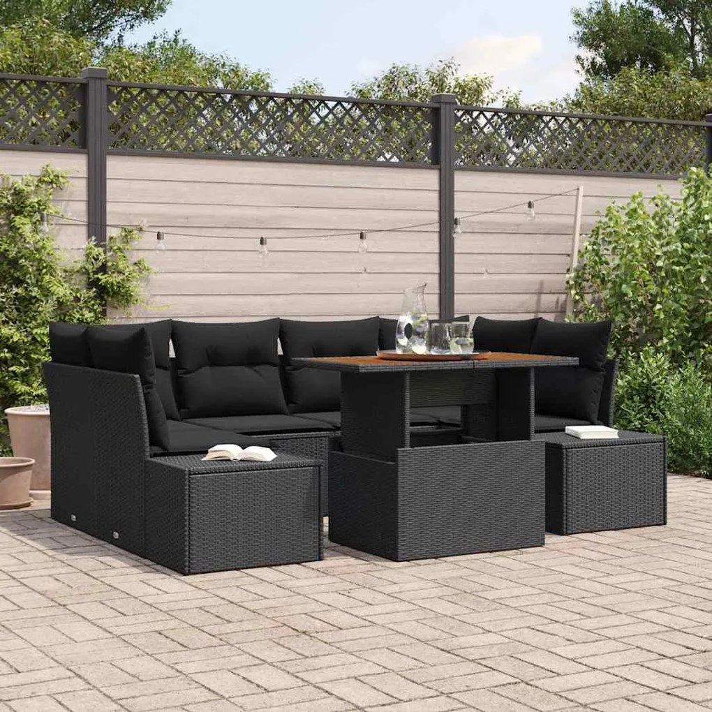 vidaXL Conjunto de Jantar de Jardim com 7 Peças e Almofadas Pretas em Rattan Acácia