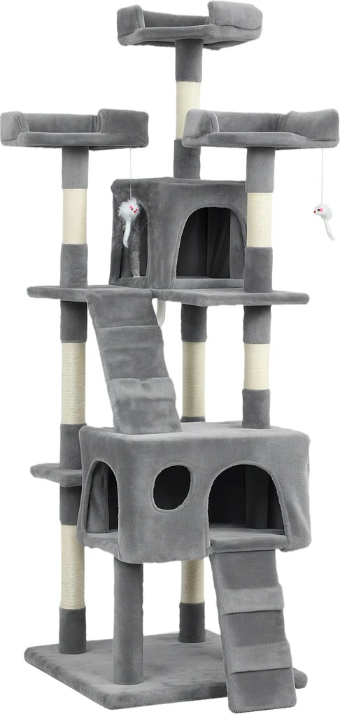 PawHut Arranhador para Gatos Arranhador de Gatos 153 cm com 2 Cavernas 3 Camas 2 Rampas Postes de Sisal e 2 Ratos Pendentes Cinzento | Aosom Portugal