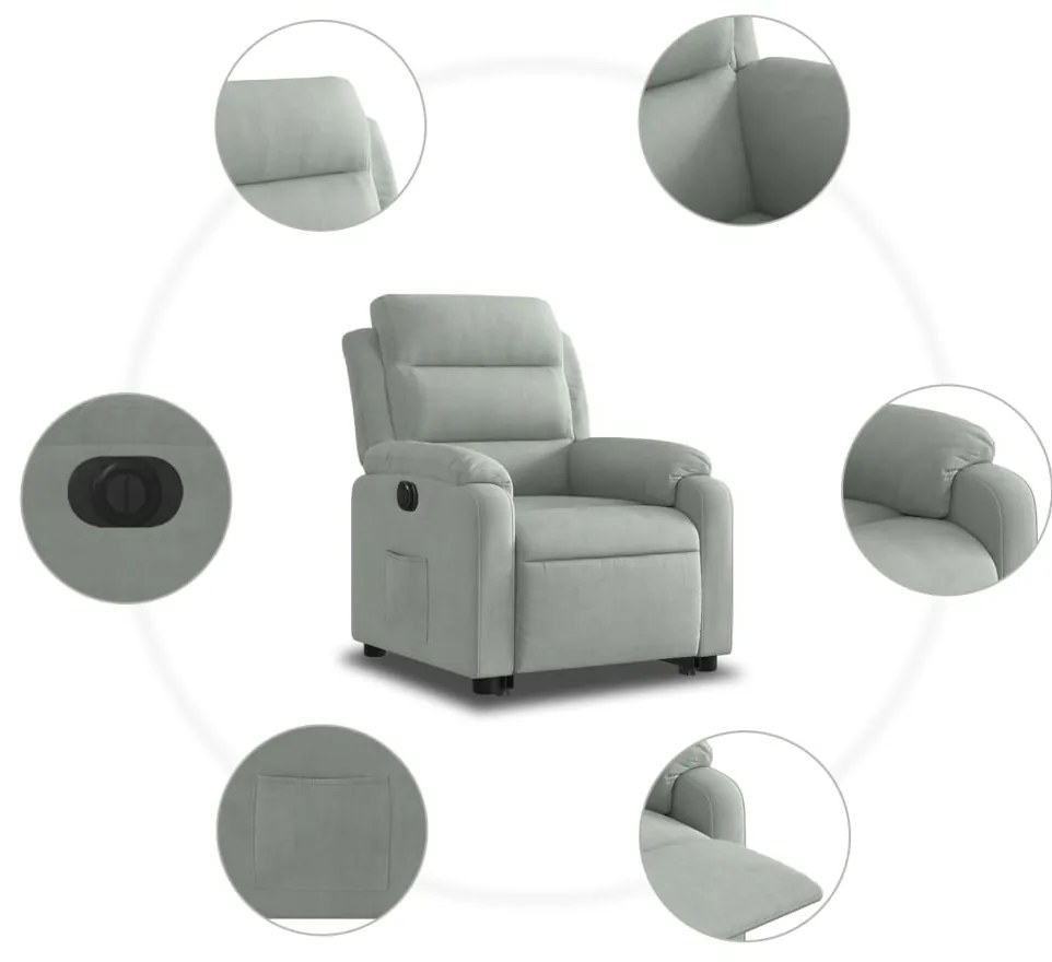 Poltrona reclinável elevatória elétrica veludo cinzento-claro
