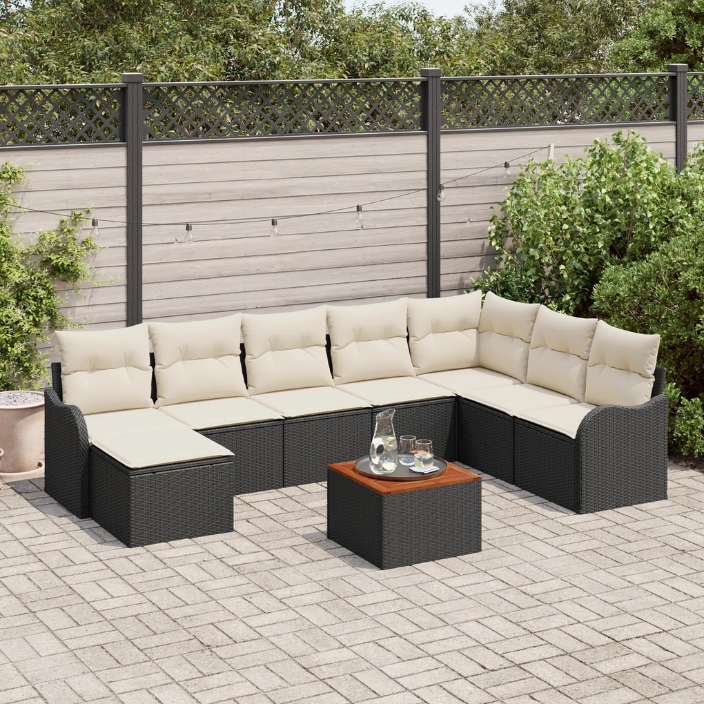 Conjunto de Sofás de Jardim de 9 Peças com Almofadas Preto Rattan Poli