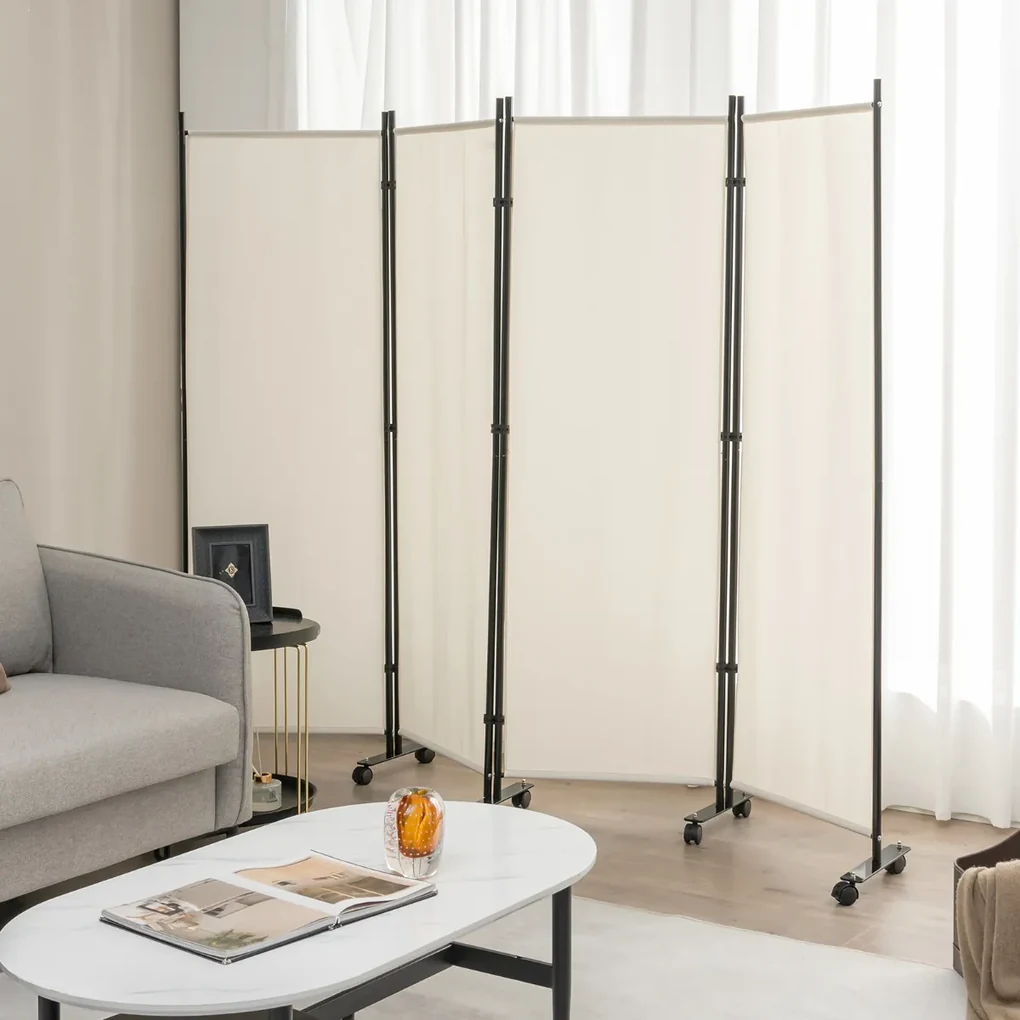 Paravento Pieghevole LARS360 A 4 Pannelli (225x180 Cm) – Divisorio In Tessuto Poliestere Per Interni Ed Esterni, Colore Beige