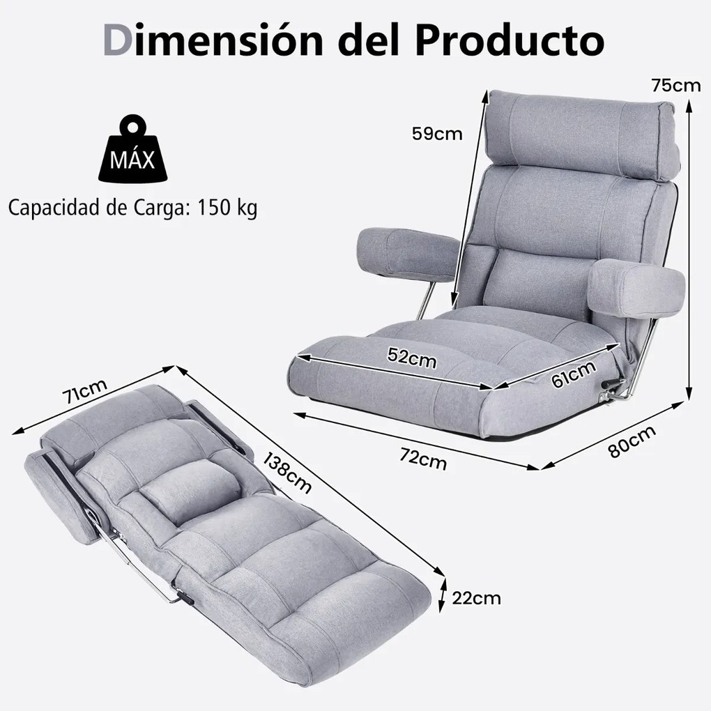 Sofá chão dobrável com encosto ajustável em 6 posições Encosto de cabeça/descanso lombar Cinzento