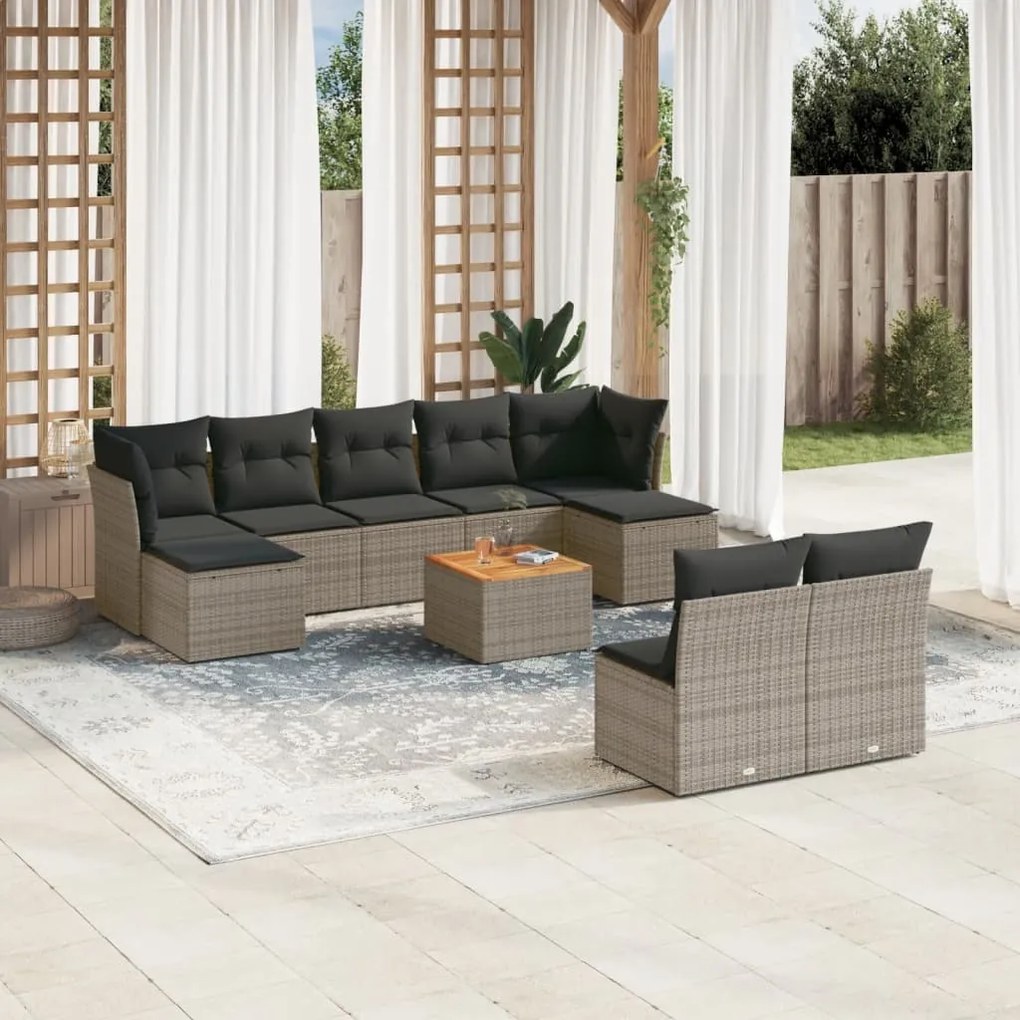 10 pcs conjunto sofás de jardim c/ almofadões vime PE cinzento