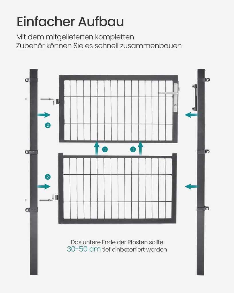 Portão de jardim com fechadura, 106 x 100 cm, em aço galvanizado cinzento