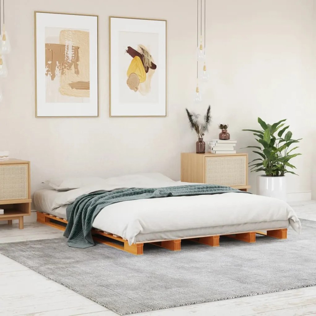 Cama de paletes 140x200 cm madeira pinho maciça castanho cera