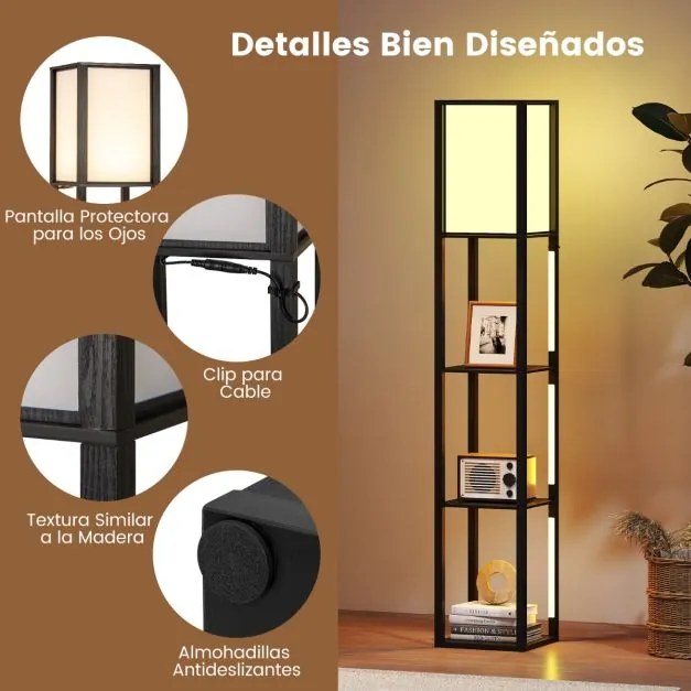 Candeeiro de pé com 3 níveis, LED com brilho ajustável em 3 níveis para sala de estar ou quarto 29 x 29 x 163 cm Preto