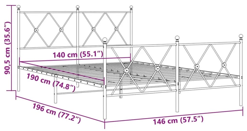 Estrutura de cama com cabeceira e pés 140x190 cm metal preto