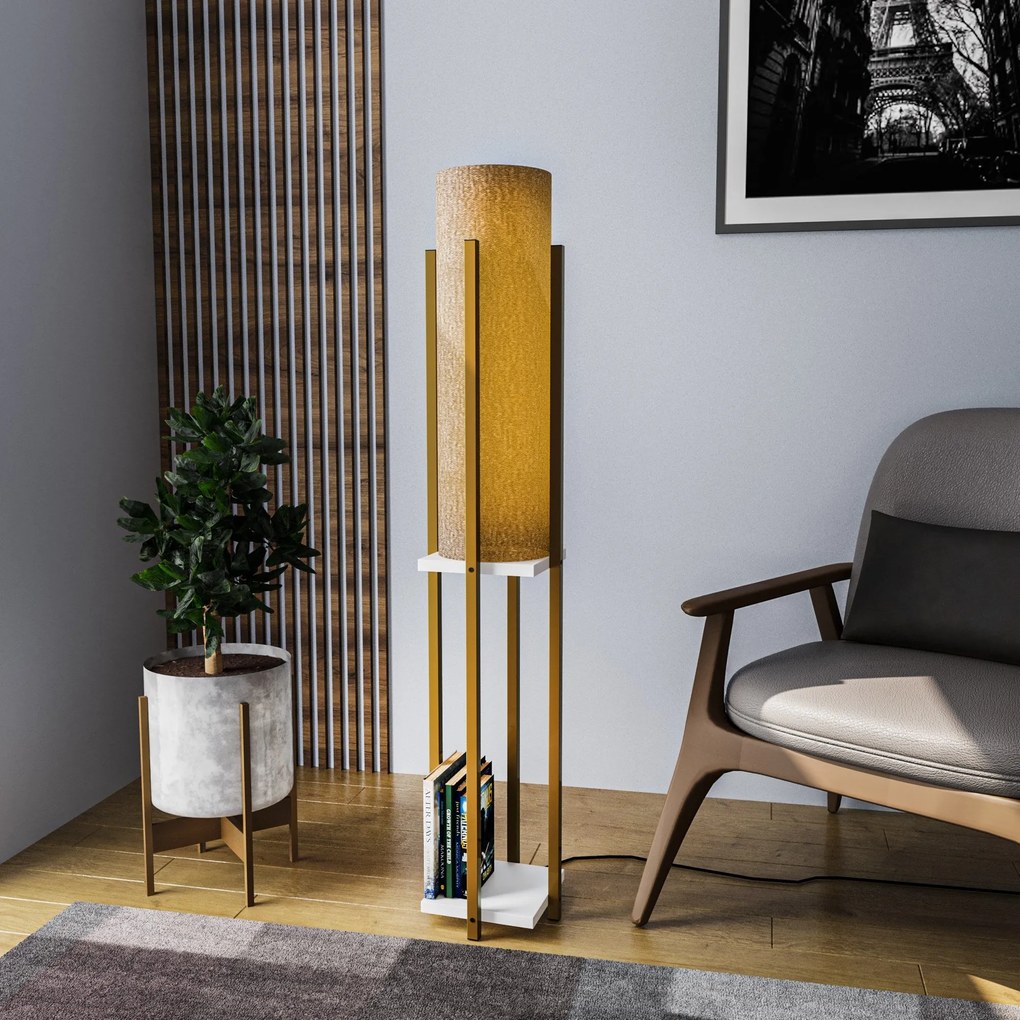 Candeeiro de Pé Shelf Lamp – Dourado e Branco – 25x25x130 cm
