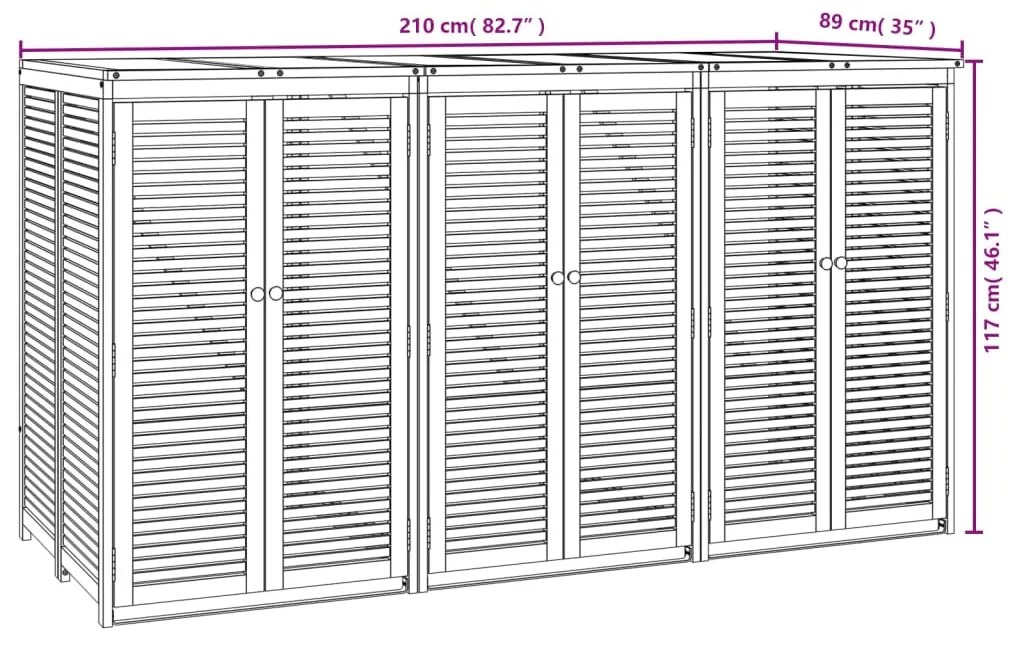Abrigo triplo p/ caixote do lixo 210x89x117 cm acácia maciça