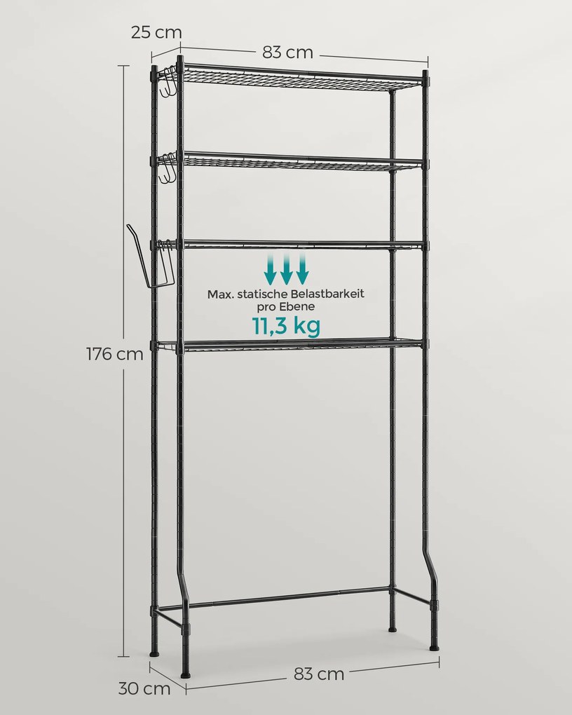 Estante de sanita, máquina lavar roupa de 4 níveis com prateleiras ajustáveis 30 x 83 x 176 cm Preta