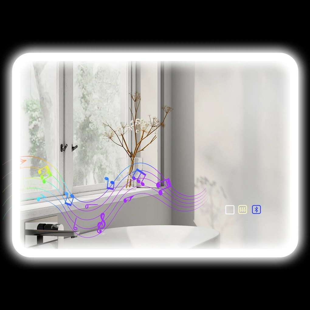 Espelho de casa de banho LED com Bluetooth, 50 x 70 cm, interruptor tátil, luz regulável, 3 cores, antiembaciamento, memória, prateado