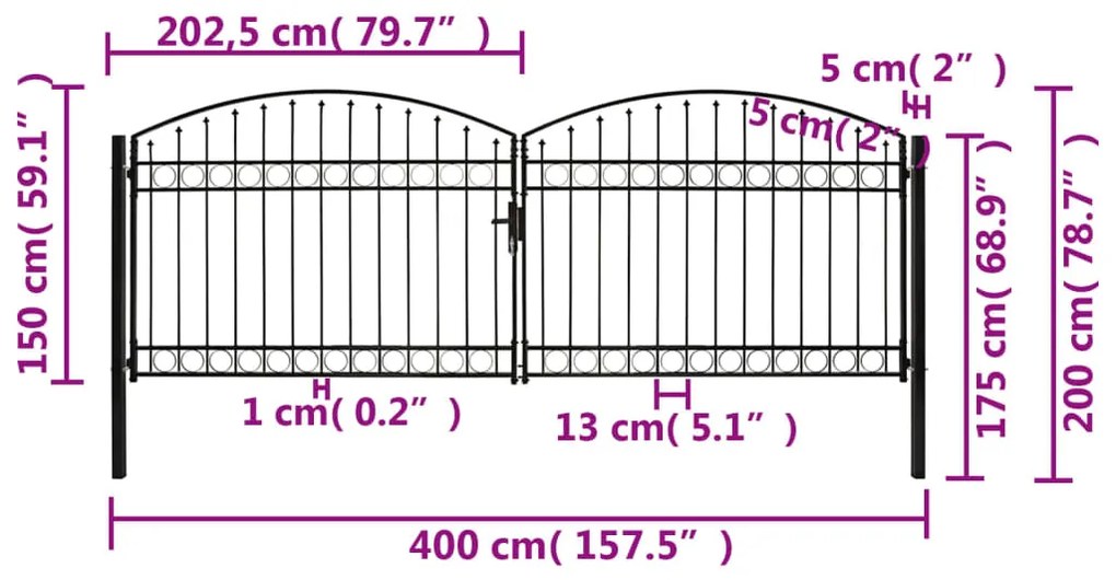 Portão p/ cerca porta dupla topo arqueado 400x150 cm aço preto