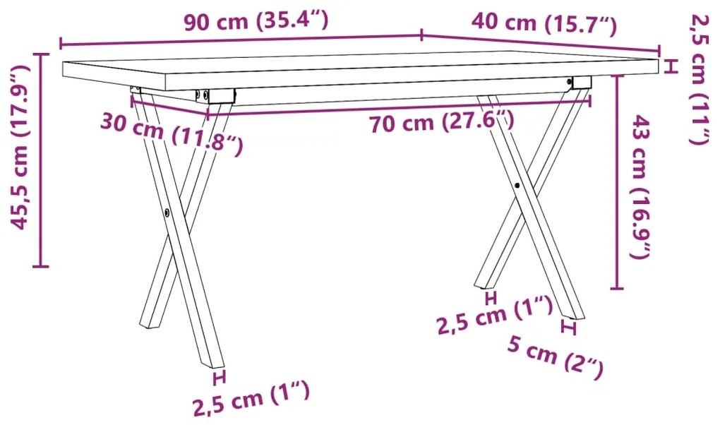 Mesa de centro estrutura em X 90x40x45,5 cm pinho/ferro fundido