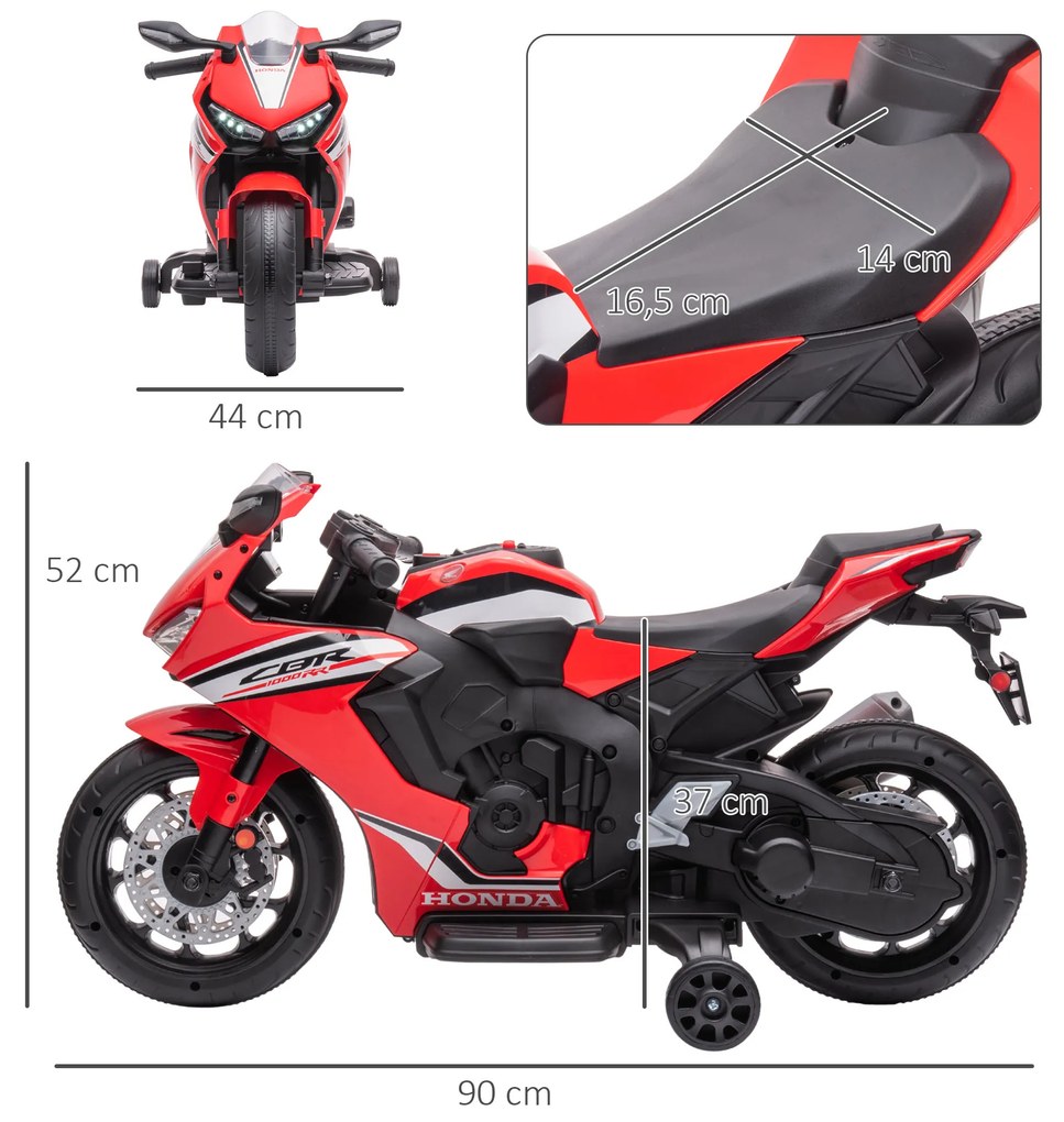 Mota Elétrica com Licença HONDA para Crianças de 3-5 Anos Mota a Bateria 6V com Farol Buzina Música e Rodas Auxiliares Removíveis Carga Máxima 30kg 90