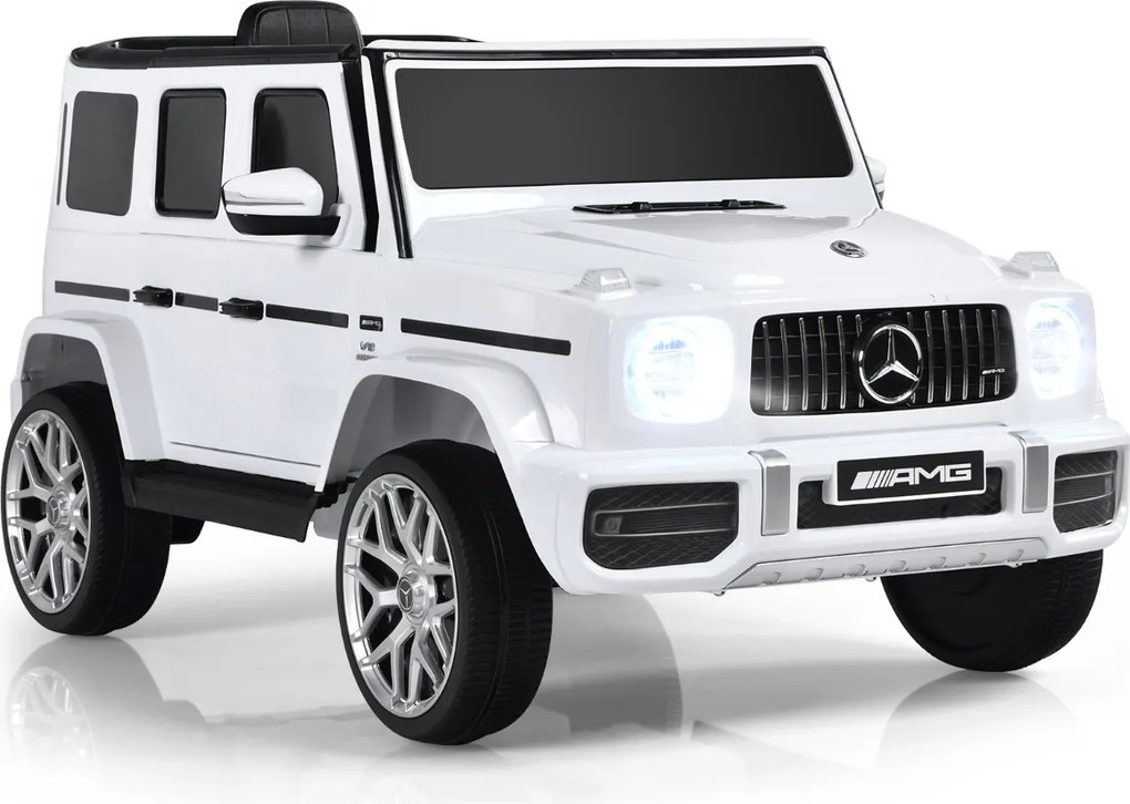 Carro elétrico infantil 12V com 2 portas, música, comando à distância, buzina, luzes LED e cinto de segurança para crianças de 3 a 8 anos, branco