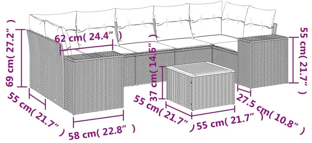 8 pcs conjunto sofás de jardim com almofadões vime PE preto
